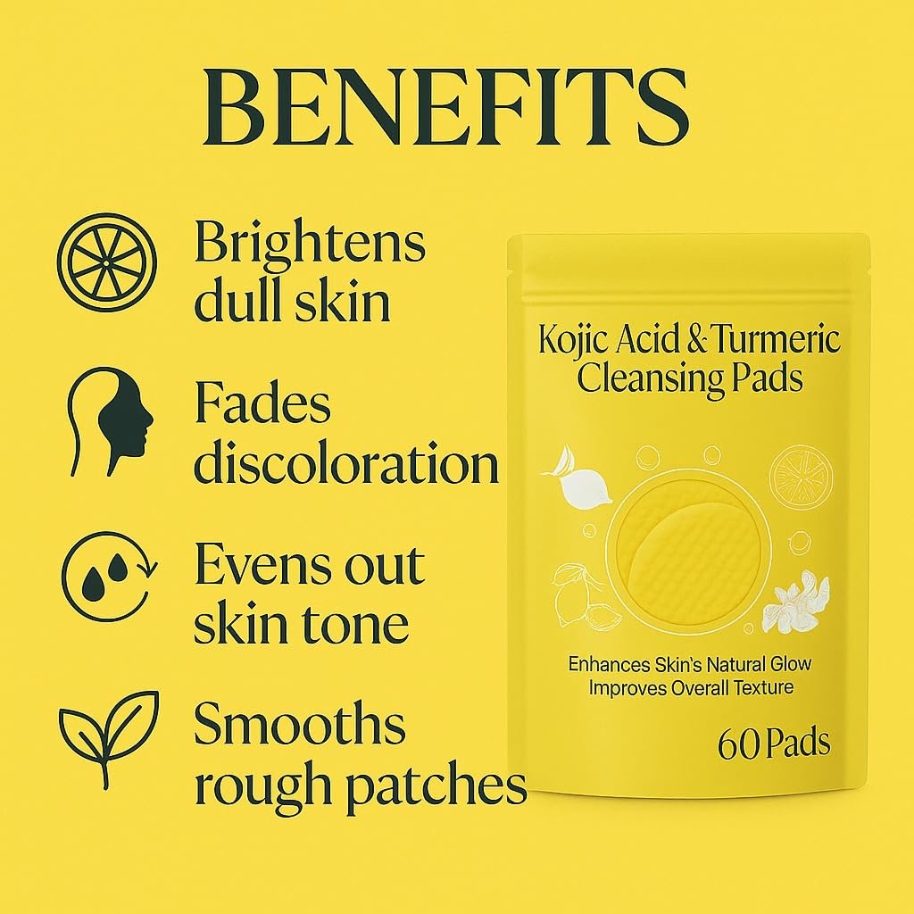 Jig-Tik Kojic Acid & Turmeric Cleansing Pads for Face | Brightening Exfoliating Pad for Dark Spots, Glowing Skin & Texture Improvement | Daily Facial Wipes for All Skin Types (60 Pads)