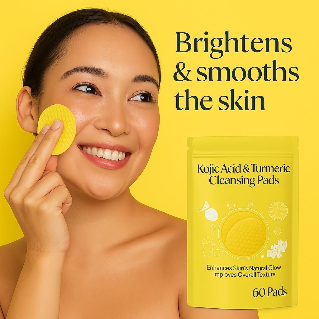 Jig-Tik Kojic Acid & Turmeric Cleansing Pads for Face | Brightening Exfoliating Pad for Dark Spots, Glowing Skin & Texture Improvement | Daily Facial Wipes for All Skin Types (60 Pads)
