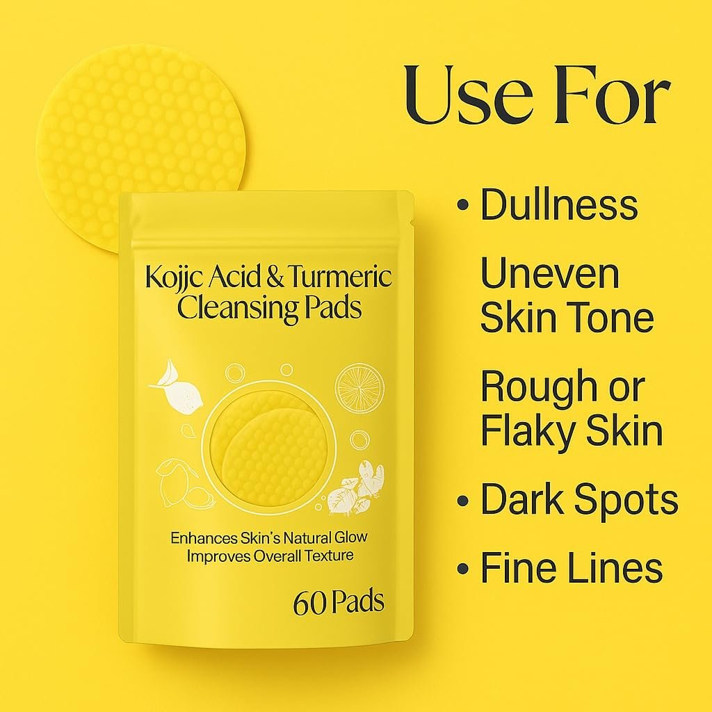 Jig-Tik Kojic Acid & Turmeric Cleansing Pads for Face | Brightening Exfoliating Pad for Dark Spots, Glowing Skin & Texture Improvement | Daily Facial Wipes for All Skin Types (60 Pads)