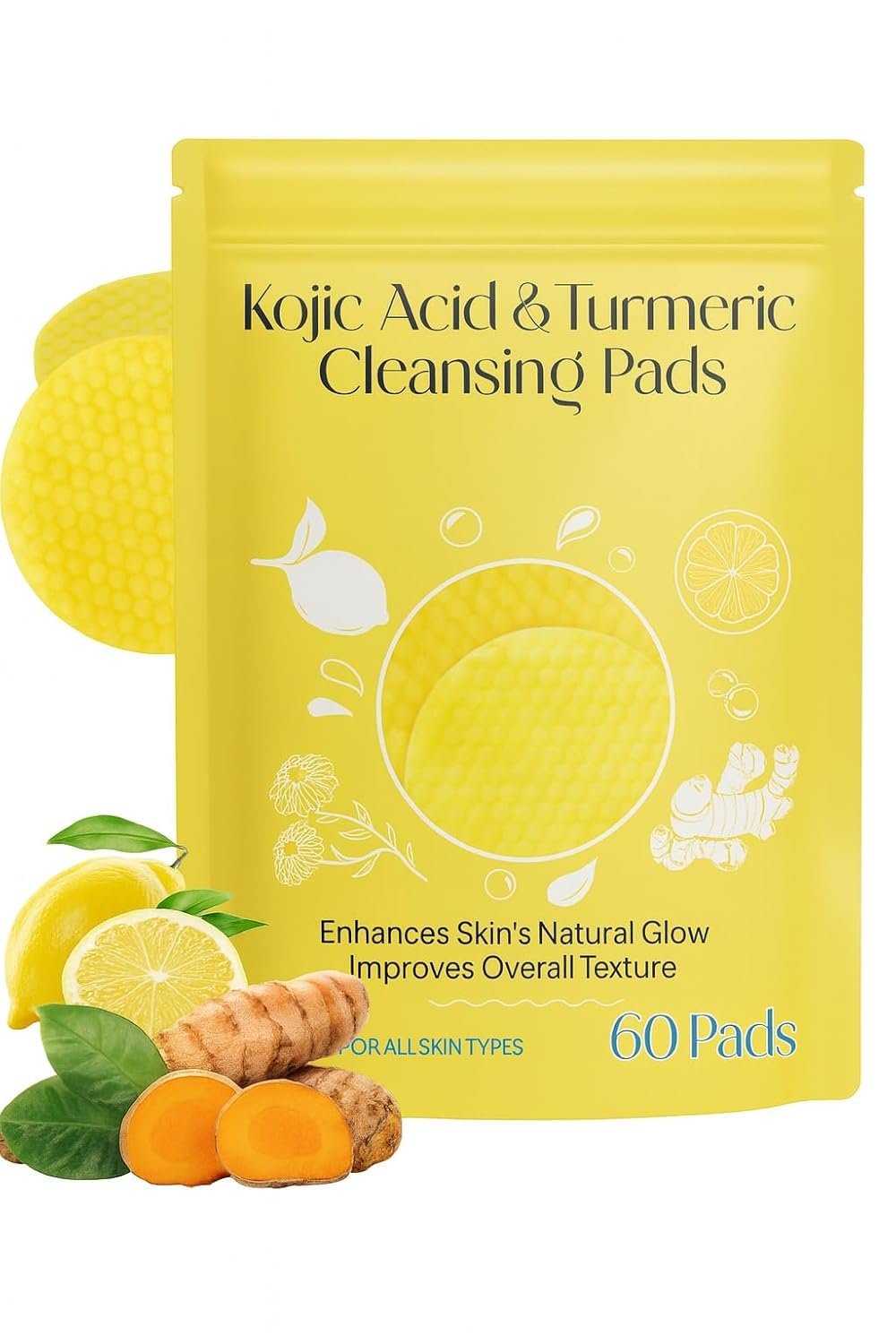 Jig-Tik Kojic Acid & Turmeric Cleansing Pads for Face | Brightening Exfoliating Pad for Dark Spots, Glowing Skin & Texture Improvement | Daily Facial Wipes for All Skin Types (60 Pads)